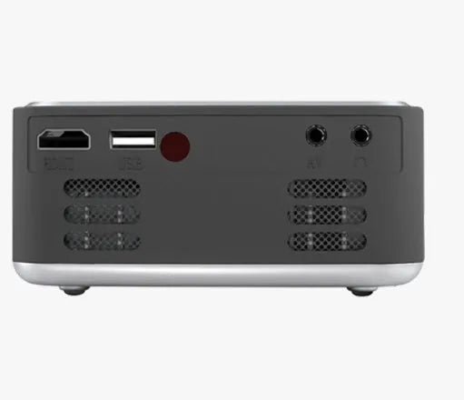 Mini LED projector in black with manual focus lens and multiple input ports on front panel