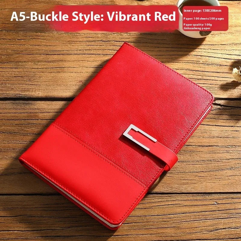 A5 soft PU leather business notebook in choice of five colours, shown with wood-free paper pages and optional gift box.