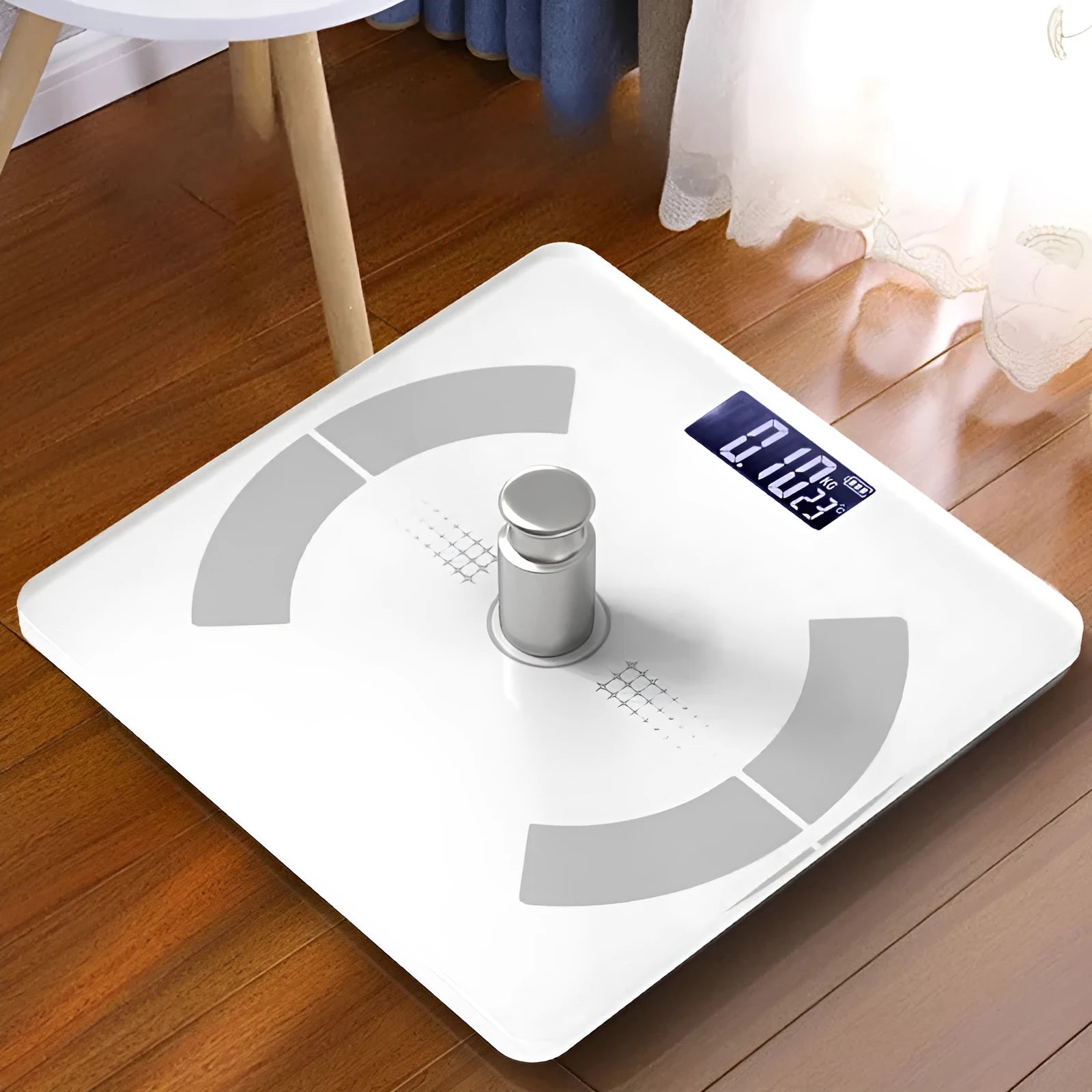 Smart Bluetooth body fat scale in white colour showing digital display and contemporary design