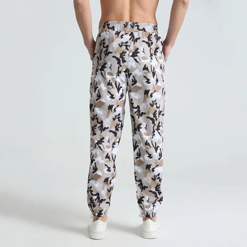 Men's sports casual camouflage trousers in army green pattern, full length, polyester fabric