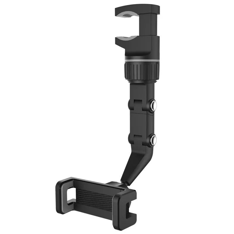 Multifunctional car holder clipped onto rear view mirror holding a smartphone in a car interior
