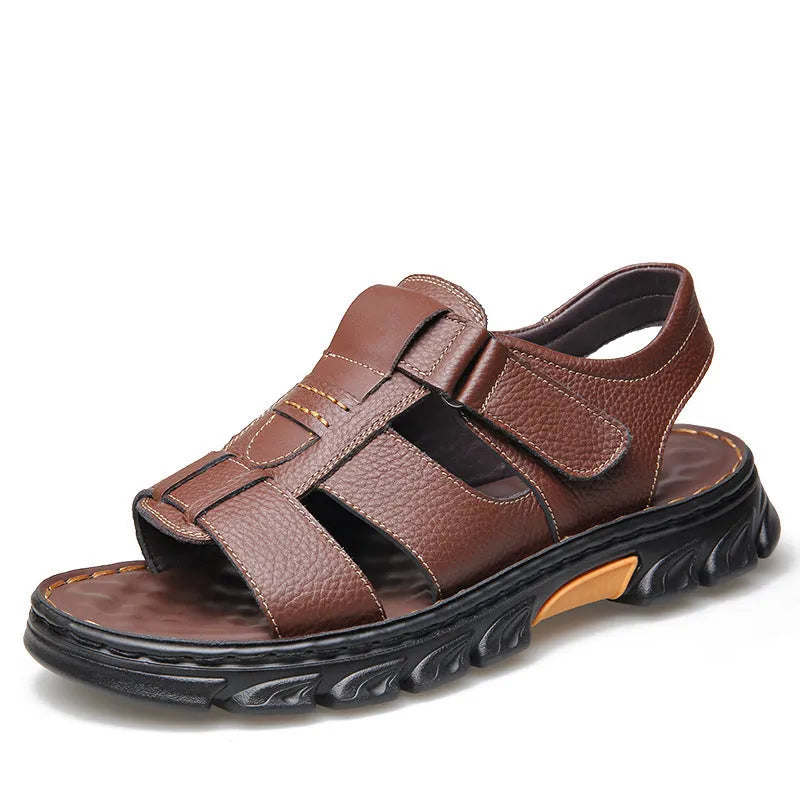 Men's summer cowhide soft bottom dual-use sandals open toe beach slippers with Velcro closure