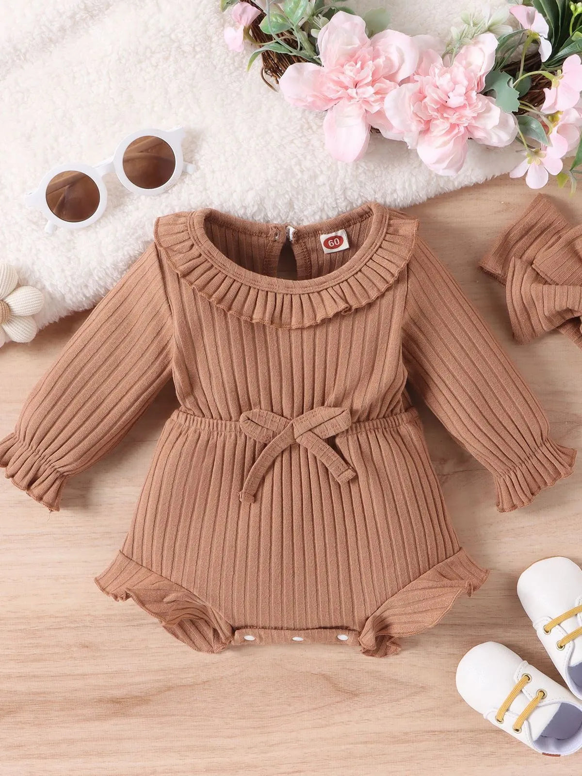 Baby girls long sleeve cotton sunken stripe romper jumpsuit with headscarf in white, pink and brown for heights 60-100cm