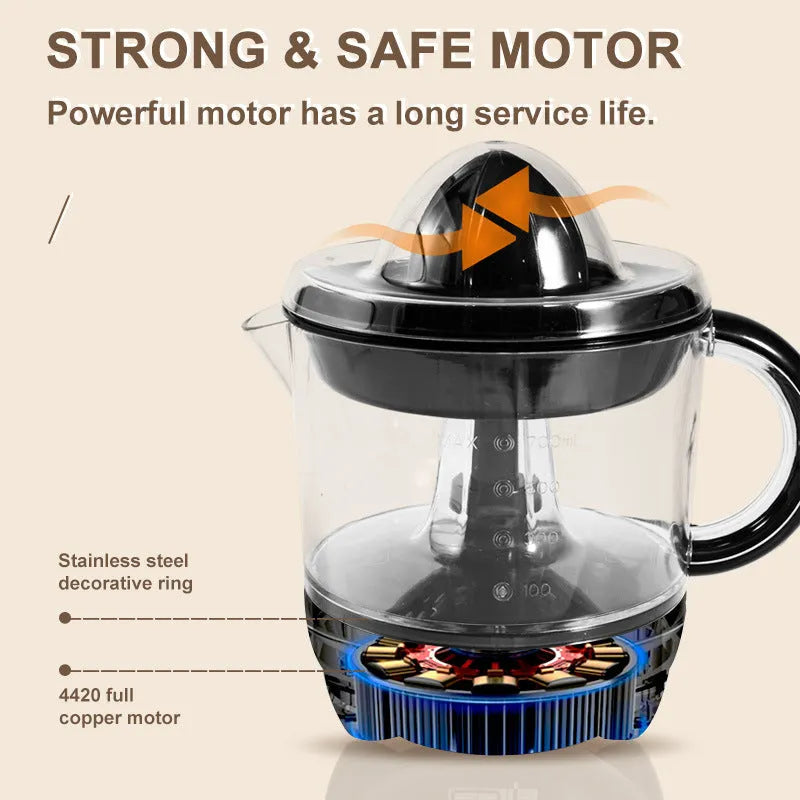 Black manual orange juice extrusion juicer with 0.7L capacity and ABS construction on a kitchen counter