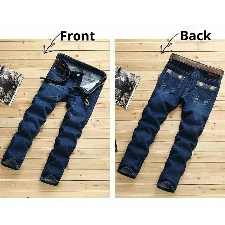 Men's slim-fit stretch skinny pants in dark blue denim, mid-rise, zipper fly