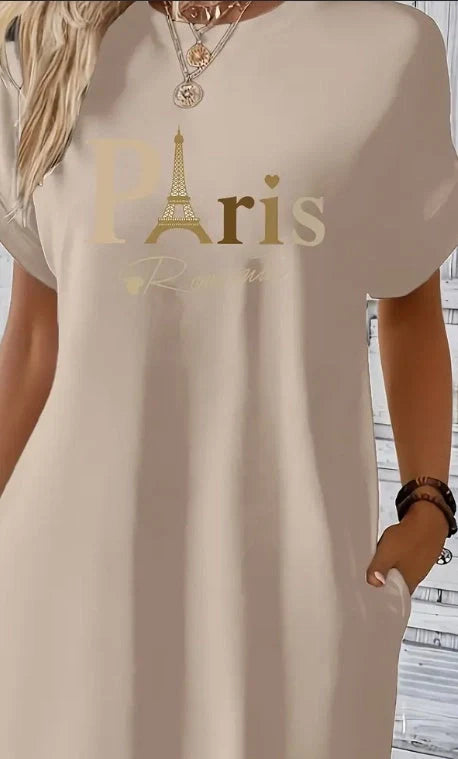 Women's midi geometric print tunic dress with crew neck and dual pockets