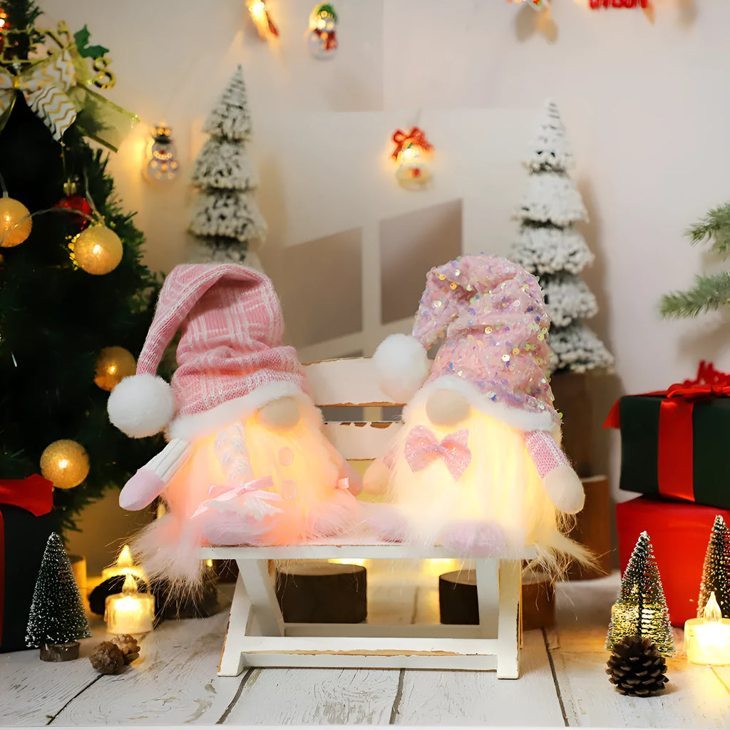 Christmas doll with knitted sequins and luminous glow in pink button ground essence colour, cloth material, cartoon-style plush ornament