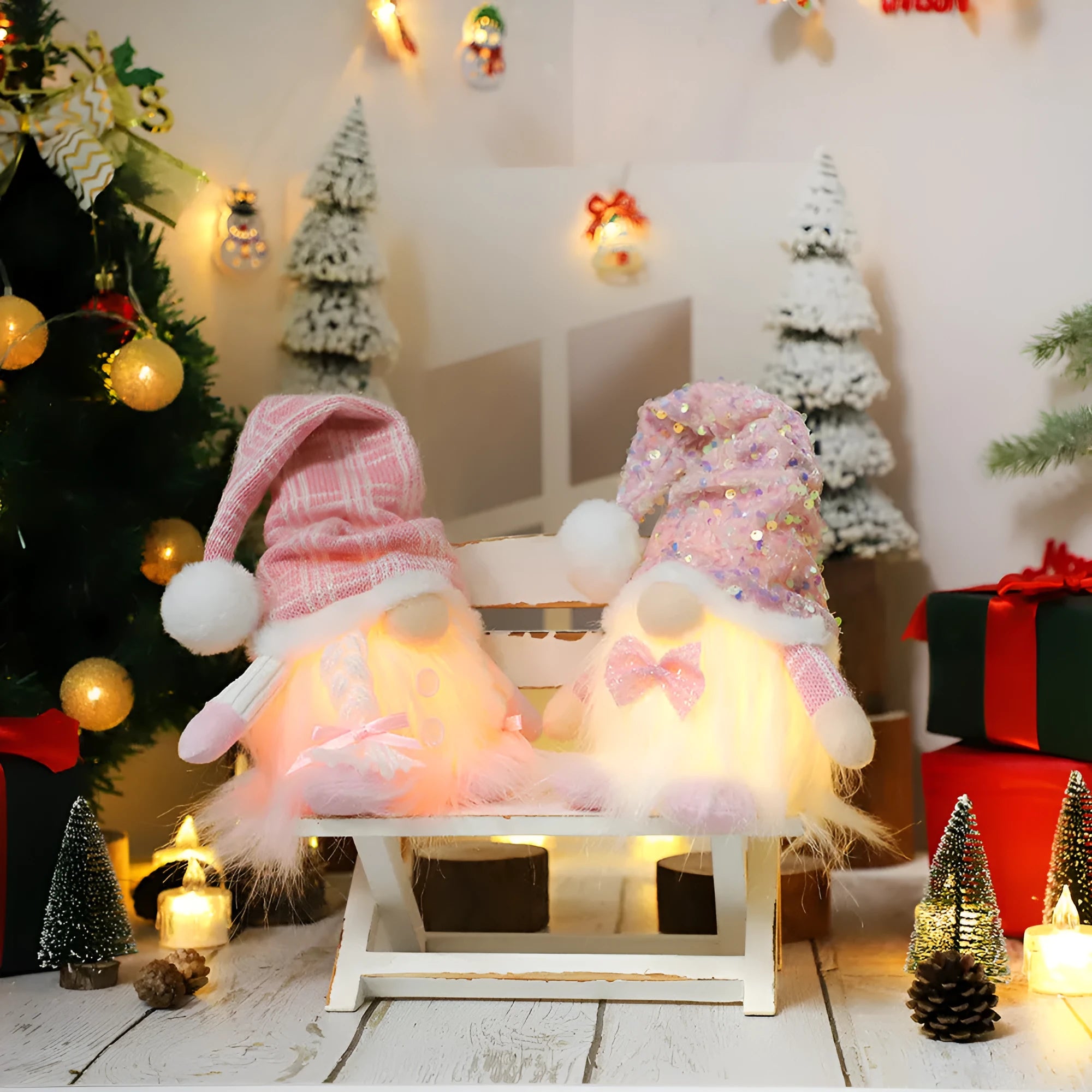 Christmas doll with knitted sequins and luminous glow in pink button ground essence colour, cloth material, cartoon-style plush ornament