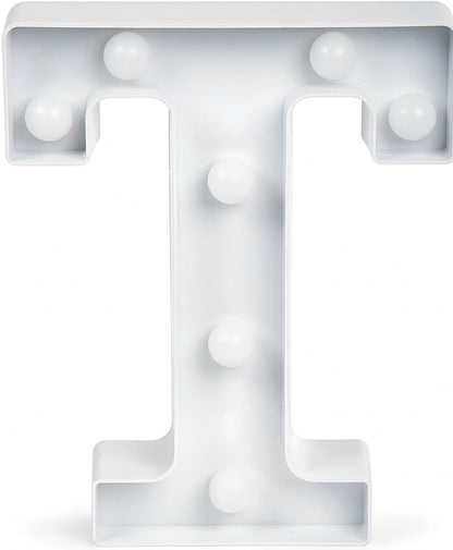 White plastic LED alphabet marquee sign with warm white illumination, 22cm height with battery operation