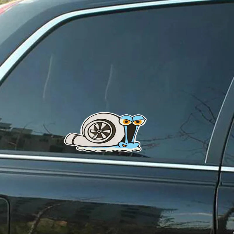 White cartoon snail design reflective vinyl car sticker on a clear background.