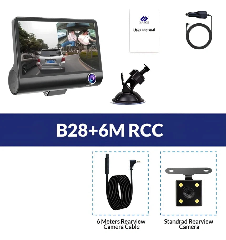 1080P dash cam with 170° front lens, 6-glass construction, and rear cable for dual recording