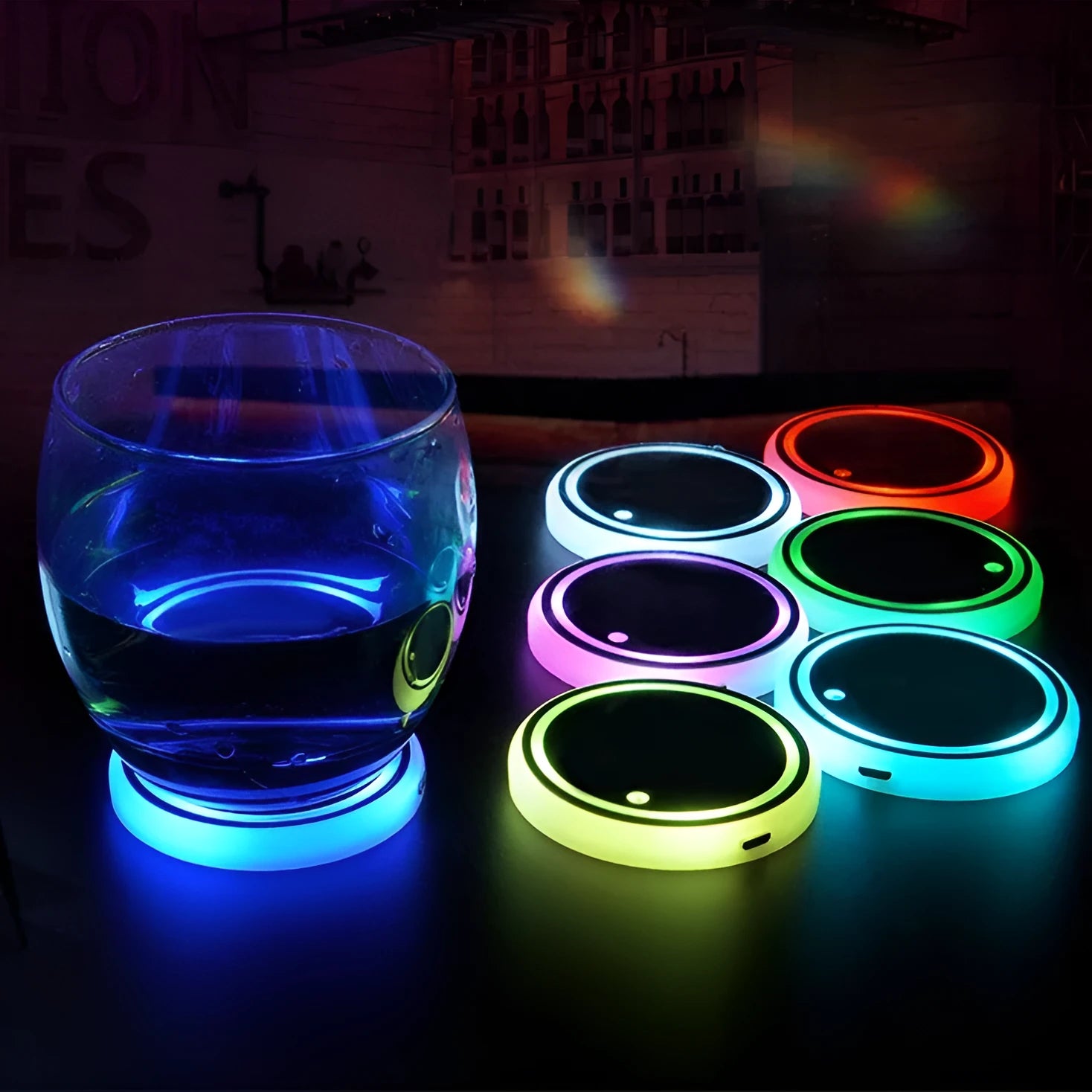 LED light-up car cup holder coaster showing seven colour options and non-slip surface