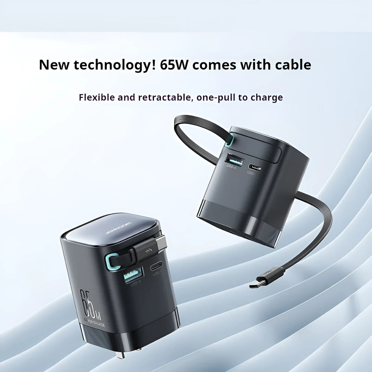 65W black telescopic Type-C PD fast charger with retracted cable, suitable for CN and EU models