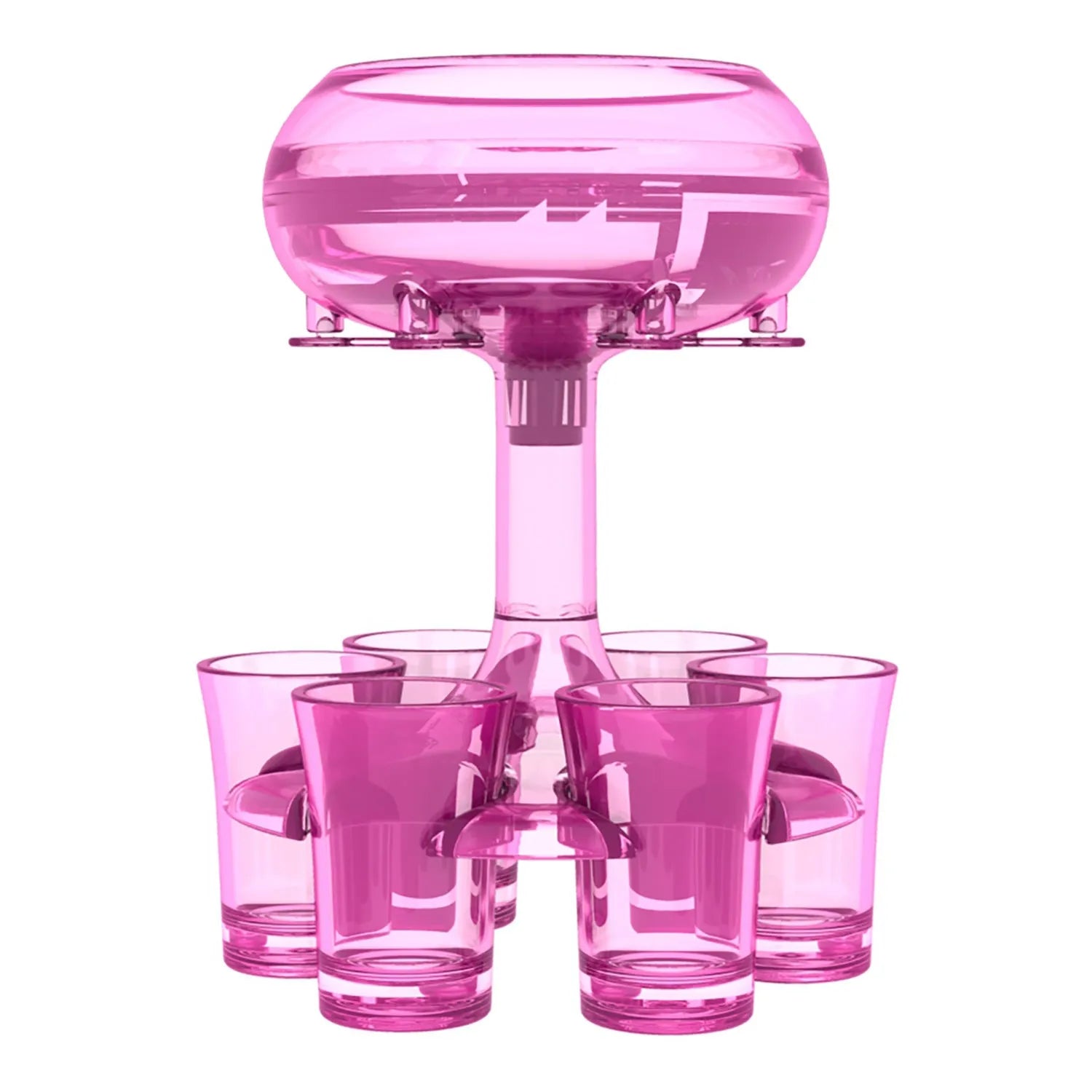 Clear six-shot glass dispenser rack holding six shot cups, bar accessory for parties.