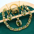 Olive green zircon jewellery suit for women featuring a snake bones chain necklace, matching earrings, and ring with a crown pattern.