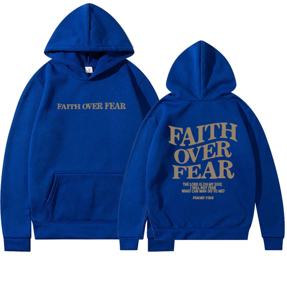 Inspirational Christian hoodie with 'Faith Over Fear' graphic in various colors