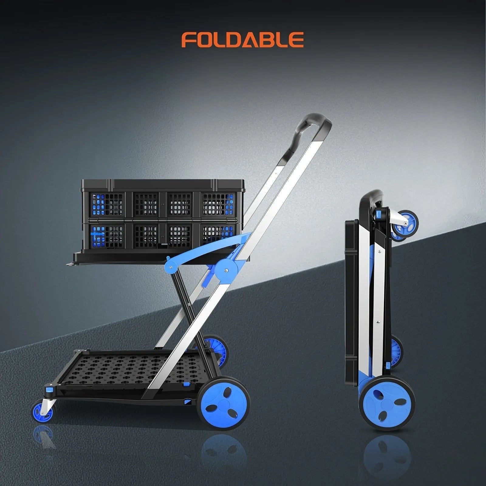 Foldable plastic shopping cart with two baskets shown in available blue, purple, pink, and red colour options