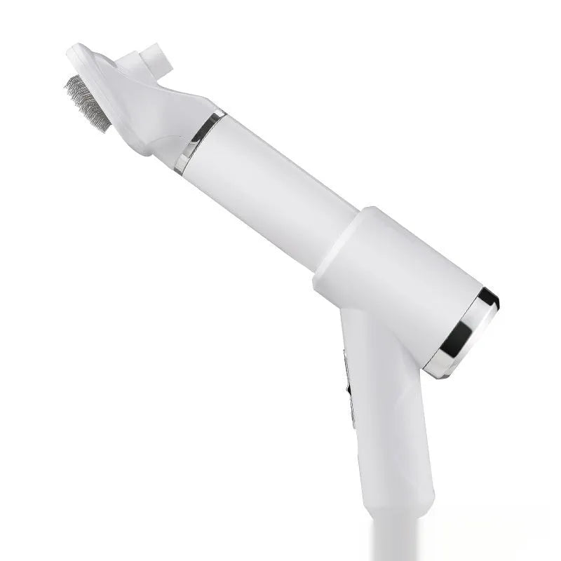 Pet hair dryer and blue whirlpool comb for dog grooming on a white background.