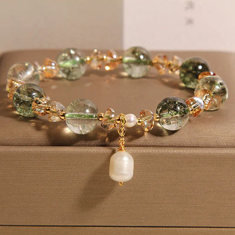 Green phantom quartz crystal bracelet with champagne gravel accents in Japanese Korean style