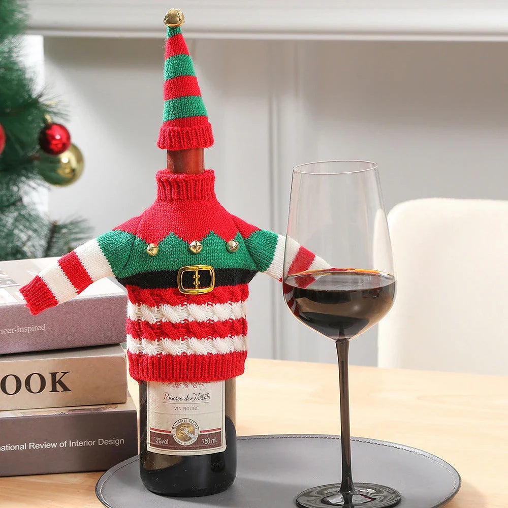 Knit wine bottle covers in red and green stripes and red belt designs for Christmas and winter holidays