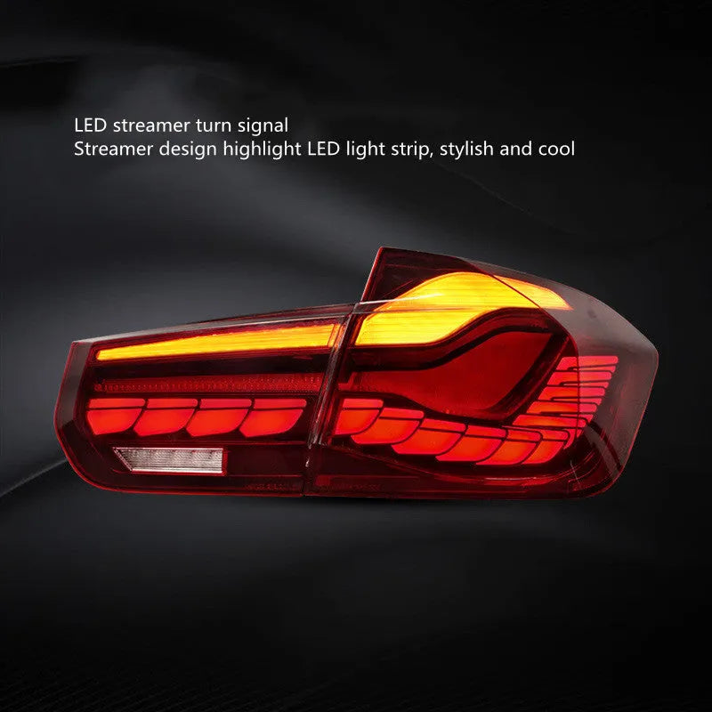 BMW 3 Series F30 F35 LED taillight assembly with red mirror cover, polycarbonate construction, size 540x400x240mm