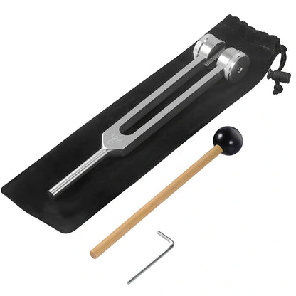 Silver 128 Hz weighted bio-acoustic tuning fork set with hammer, velvet pouch, and accessories for sound therapy