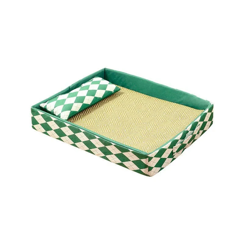 A blue woven rattan cat mat showing its breathable texture and rectangular shape, placed on a floor.