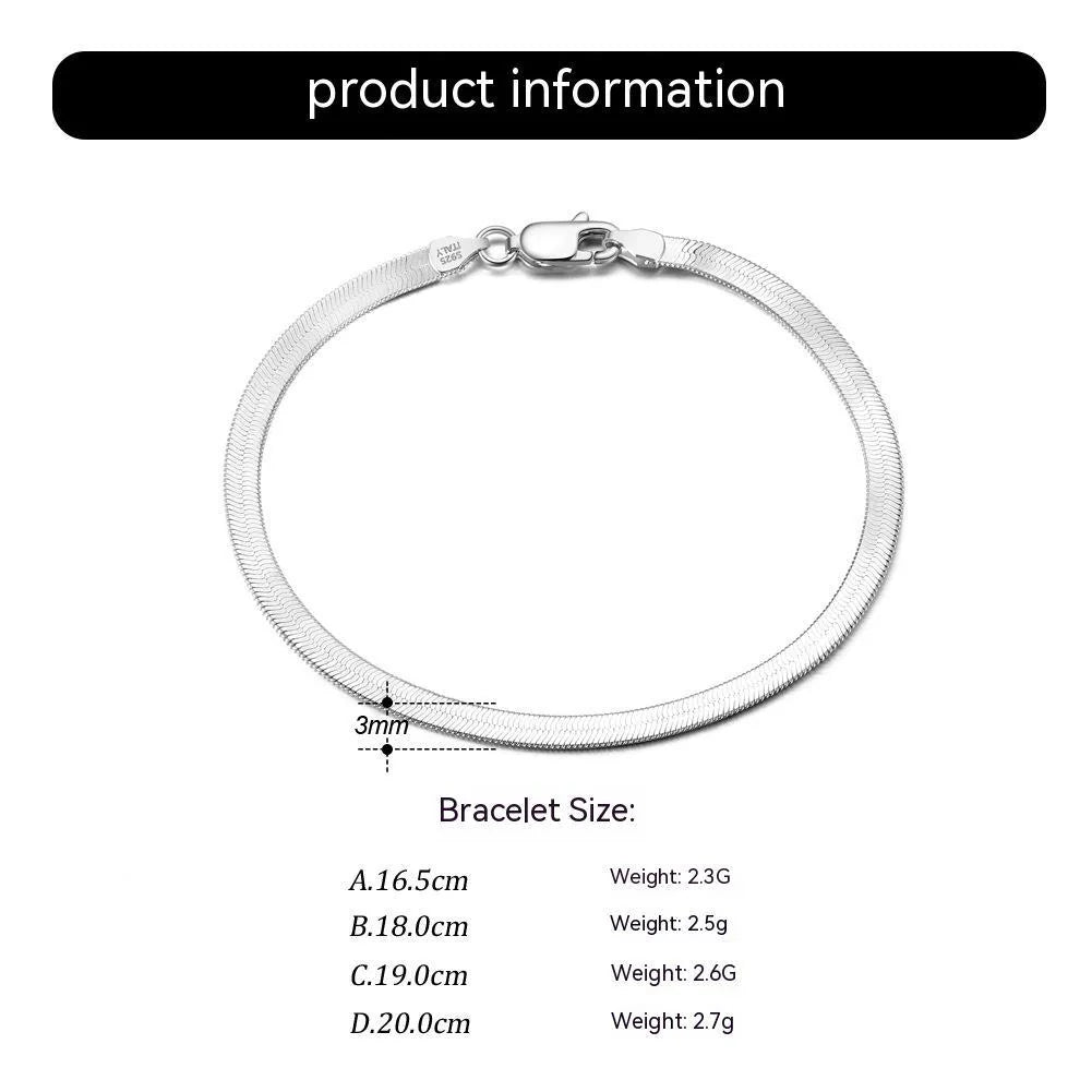 S925 Sterling Silver Bracelet with Flat Snake Bone Design in platinum and gold colours