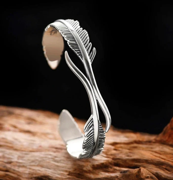 Vintage Thai Silver Double Feather Copper Bracelet with geometric design