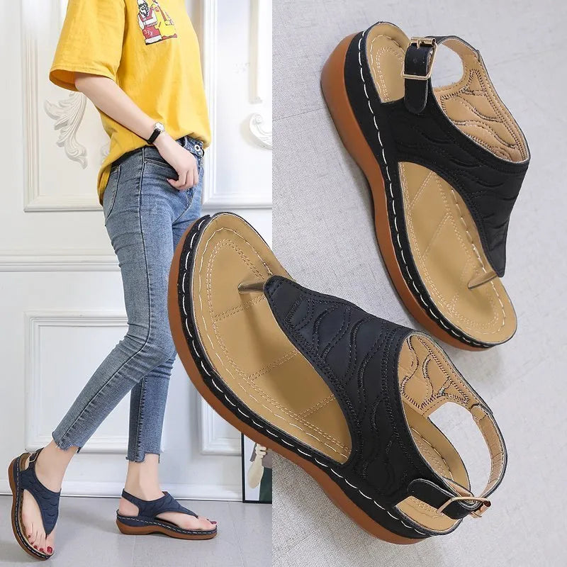 Women's casual wedge heel flip flop sandals with adjustable back strap in red, green, black, blue, and khaki