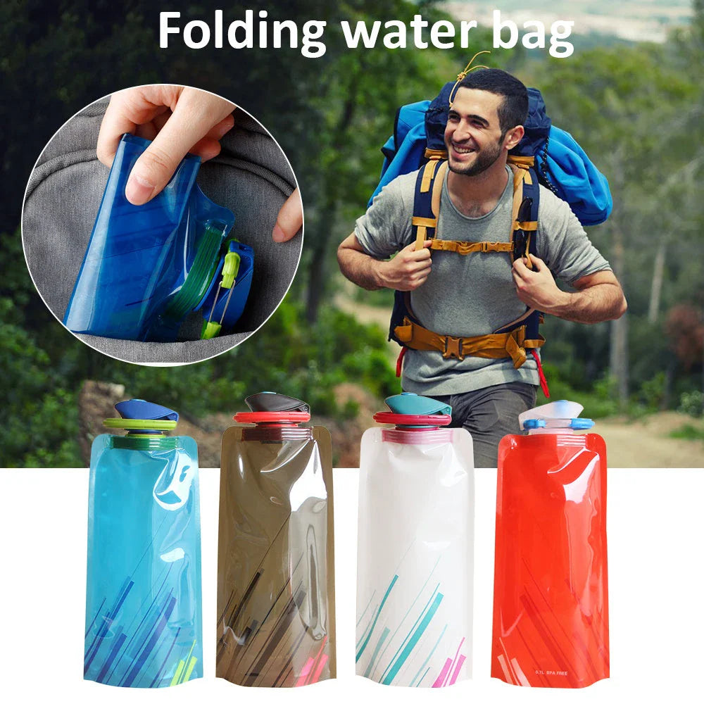 Collapsible outdoor water bottle with carabiner in blue, white, and black colors