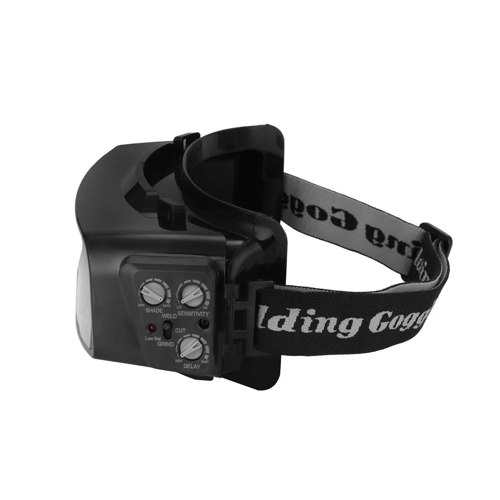 Black automatic changing light welding mask glasses showing large viewing area and headband