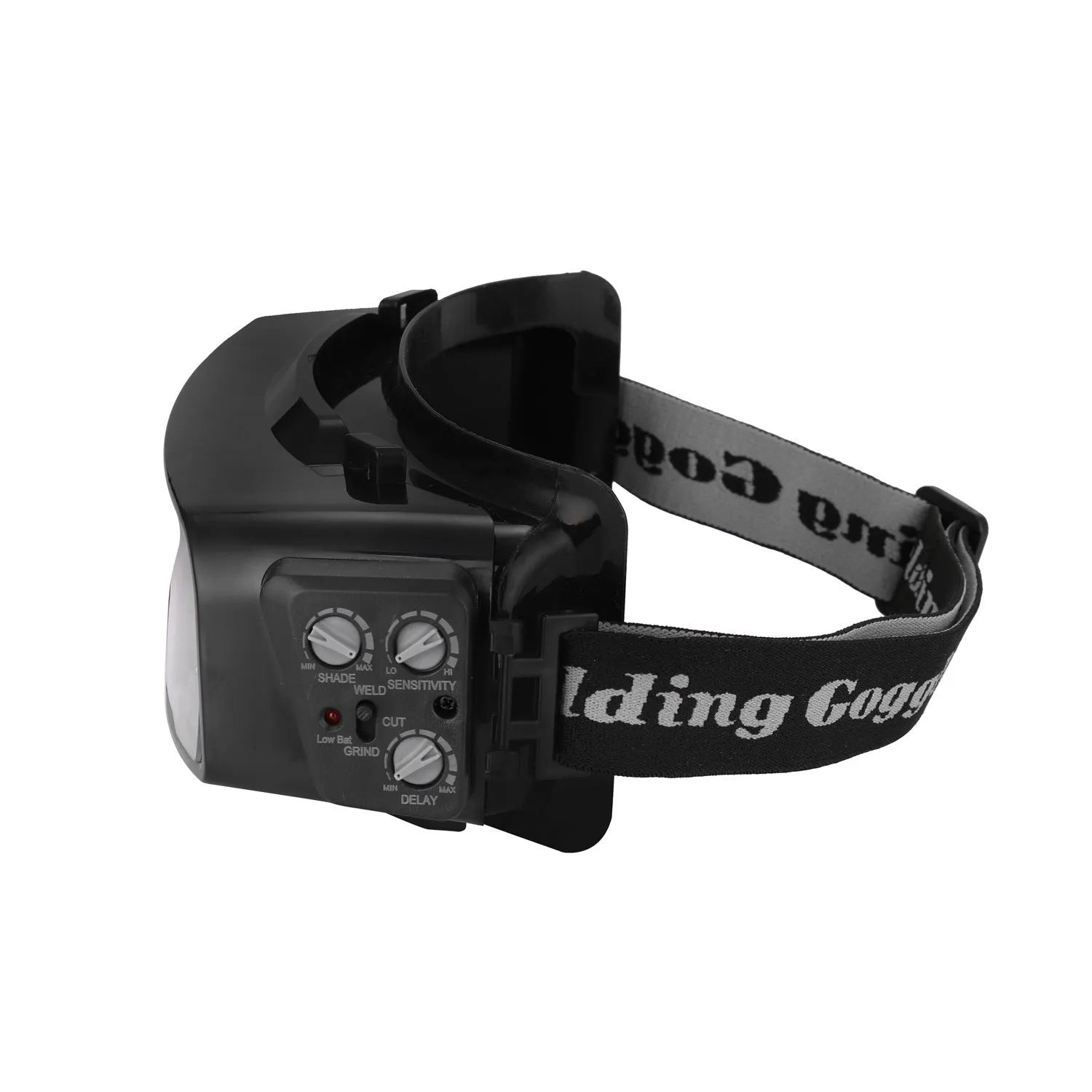 Black automatic changing light welding mask glasses showing large viewing area and headband