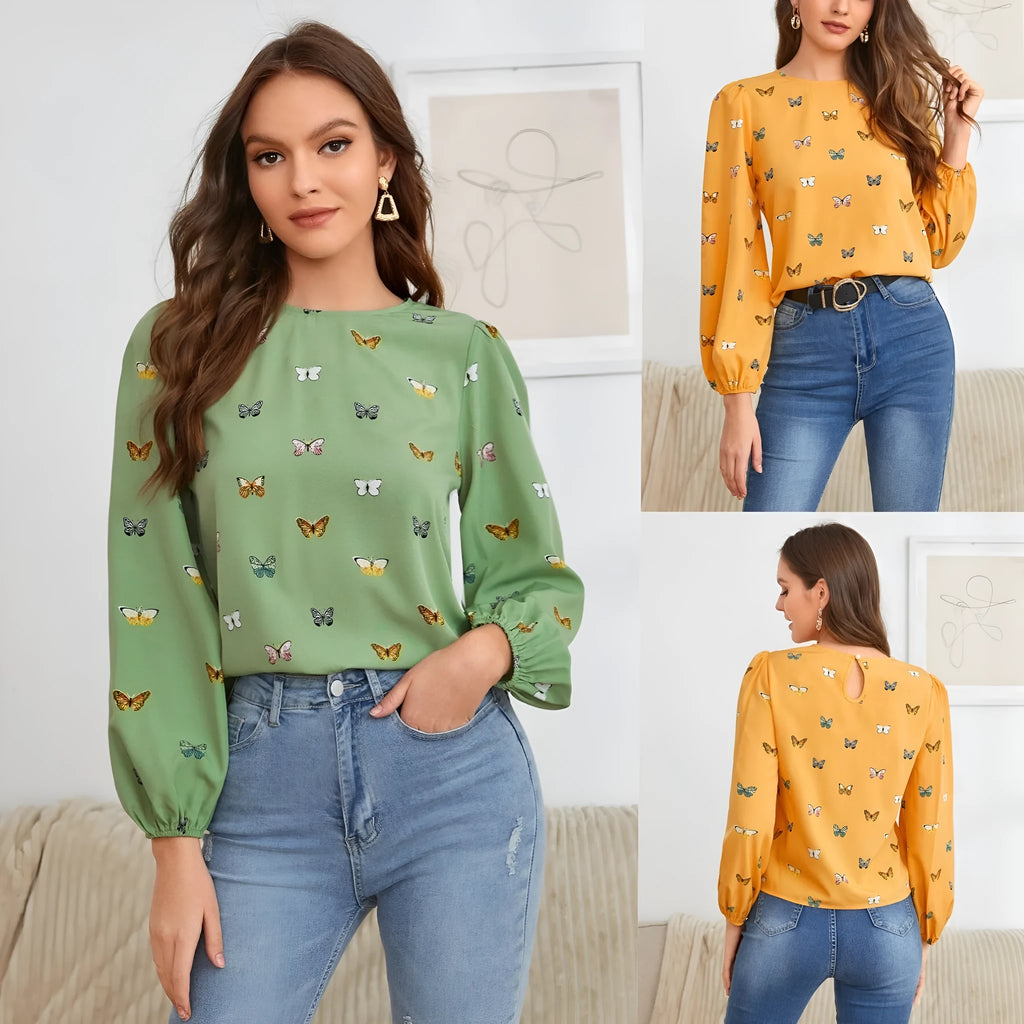 Women's green long-sleeved shirt with white butterfly print, loose fit