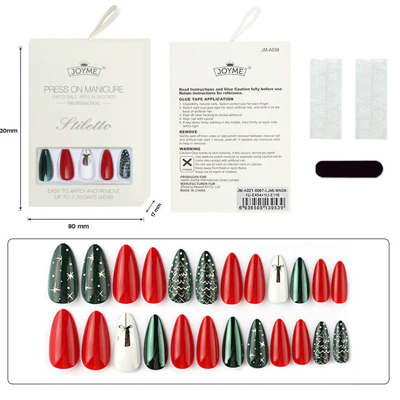 Christmas nail tips showing long, drop-shaped and almond shapes with bronzing and 3D finishes