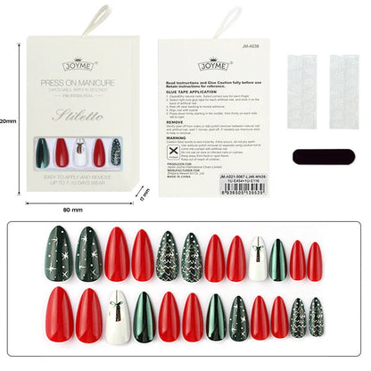 Christmas nail tips showing long, drop-shaped and almond shapes with bronzing and 3D finishes