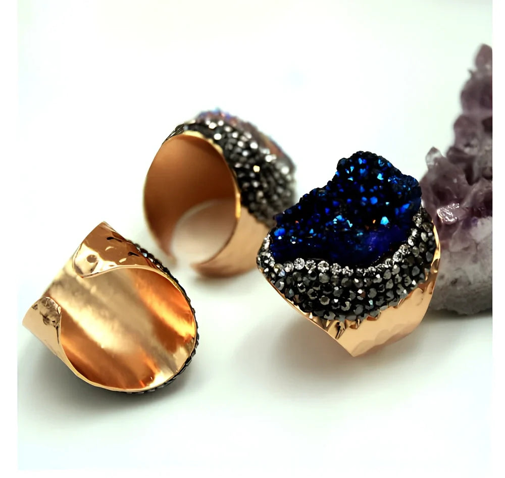 Geometric agate crystal ring in blue, featuring 2-3cm natural stone on adjustable band for everyday wear