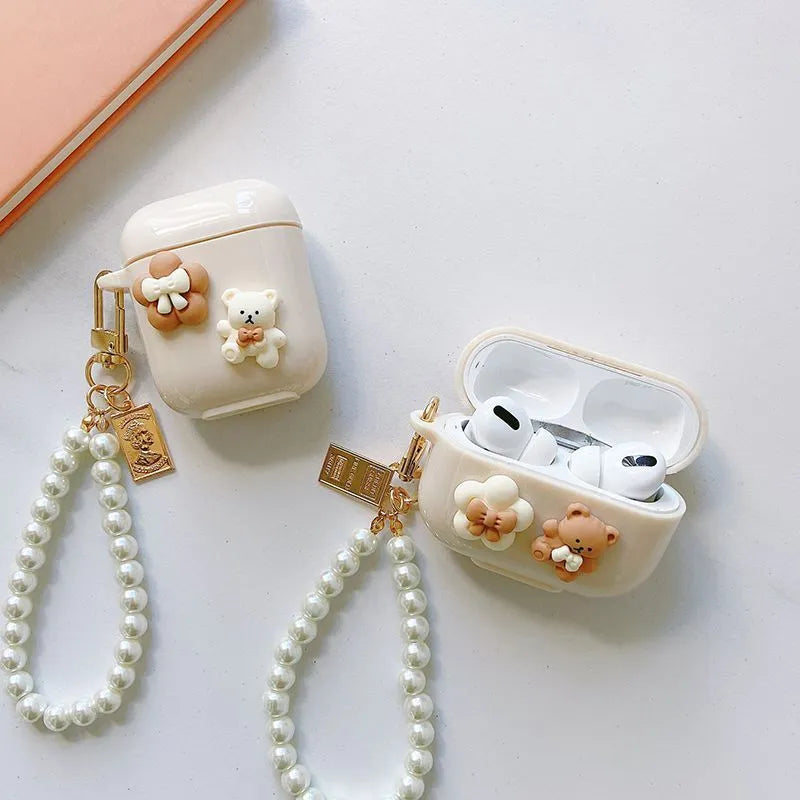 Rice White Bear TPU silicone protective shell for AirPods case with pearl chain