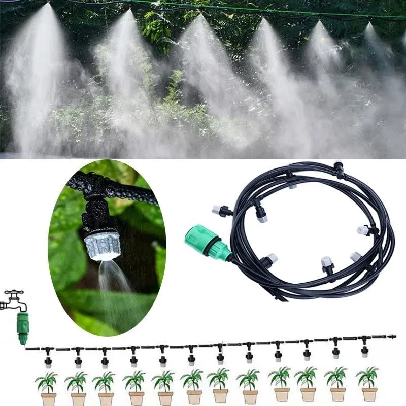 10 metre garden irrigation hose mist system with micro spray heads for cooling and humidification