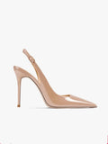 Women's nude high-heeled sandals with an ankle strap and hollow-out design on a soft PU upper.