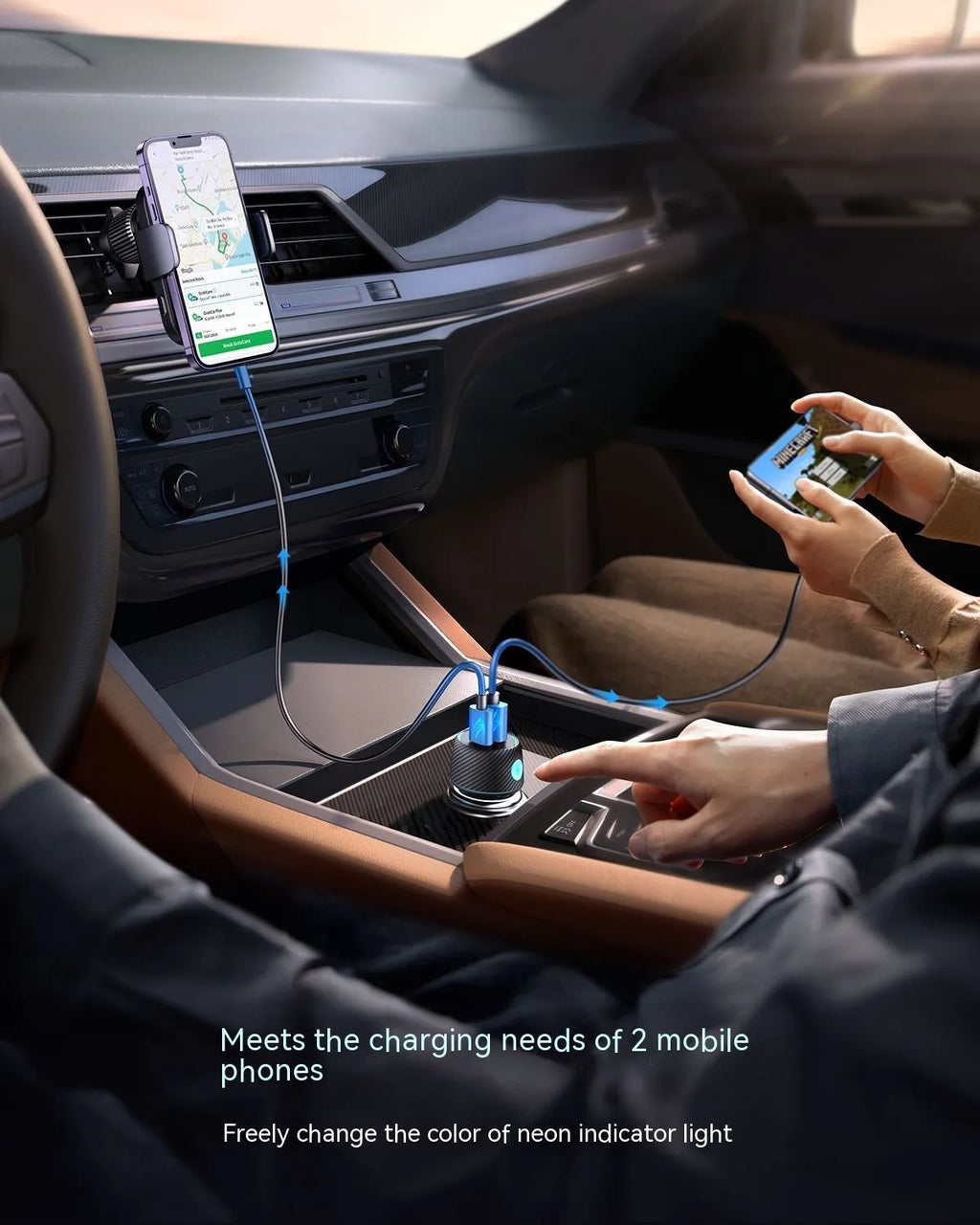 60W dual port car charger with button and seven colour ambient light, PC ABS black finish