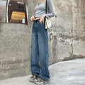 Women's retro blue high waist straight leg jeans laid flat, showing the five-pocket design and button fly.