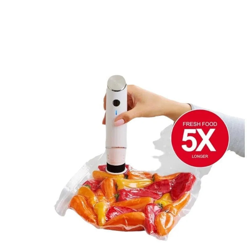 White USB electric vacuum food sealer with five plastic fresh-keeping bags for kitchen storage