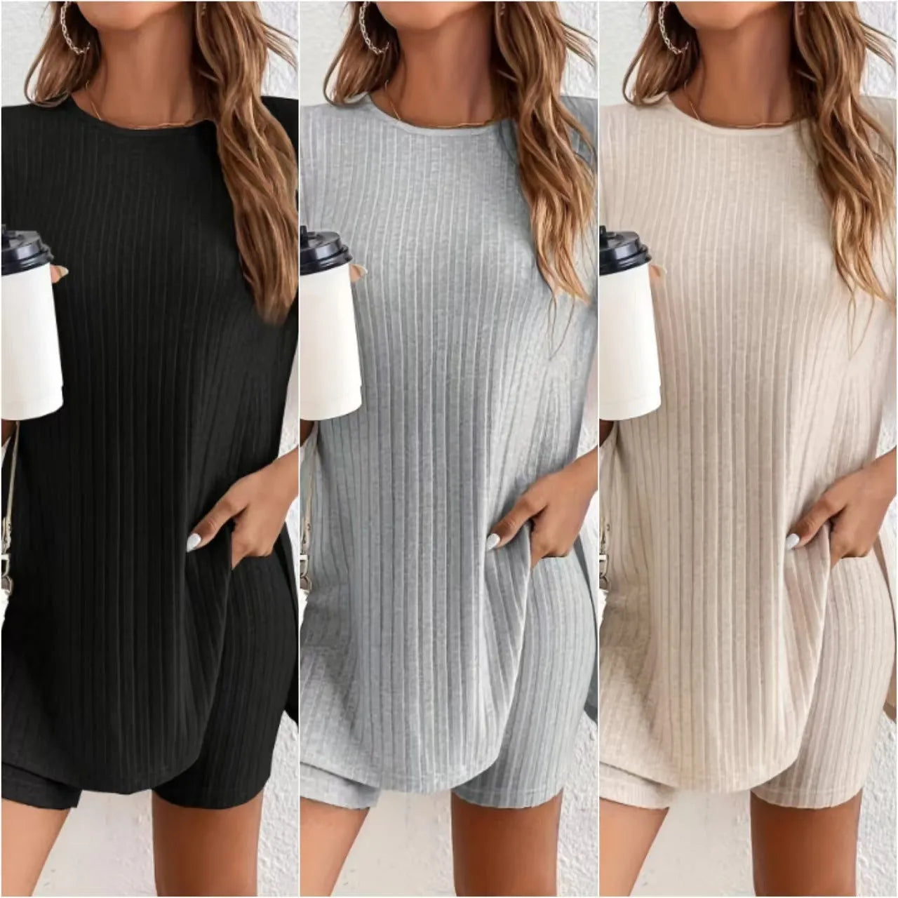 Women's ribbed cotton crew neck short sleeve top and shorts lounge suit set in grey