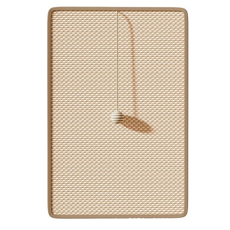 Linen cat scratch board in beige colour with hanging ball, 30x60cm size on a pet bed