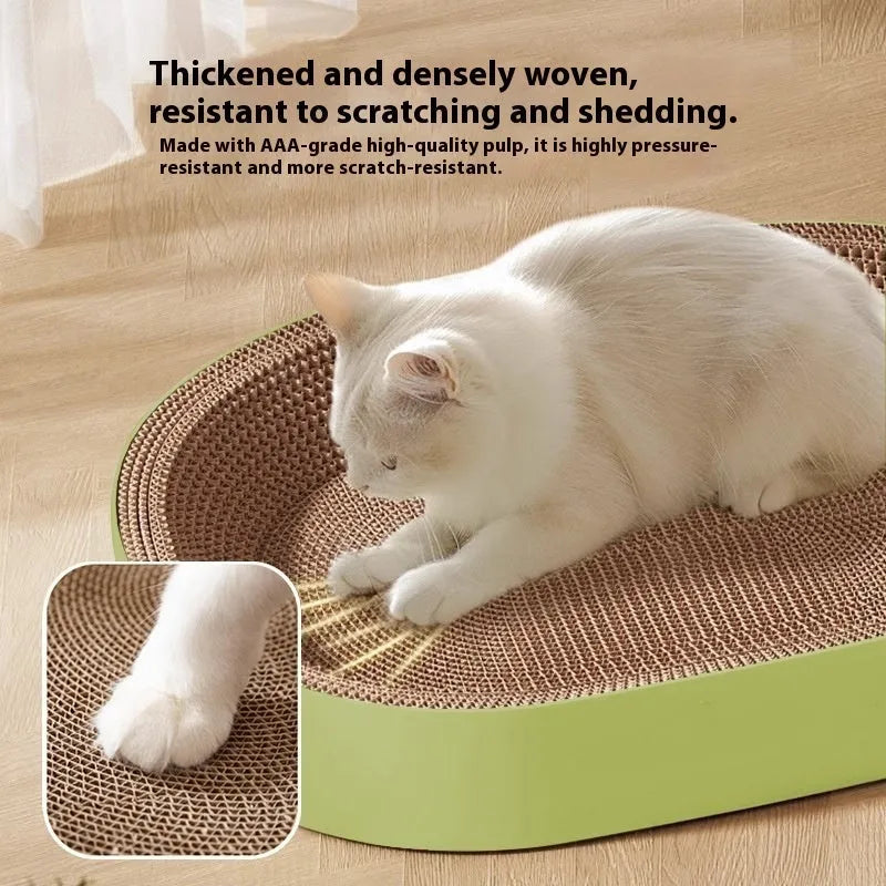 Green oval corrugated paper cat scratch board and lounging nest with a 55cm diameter.