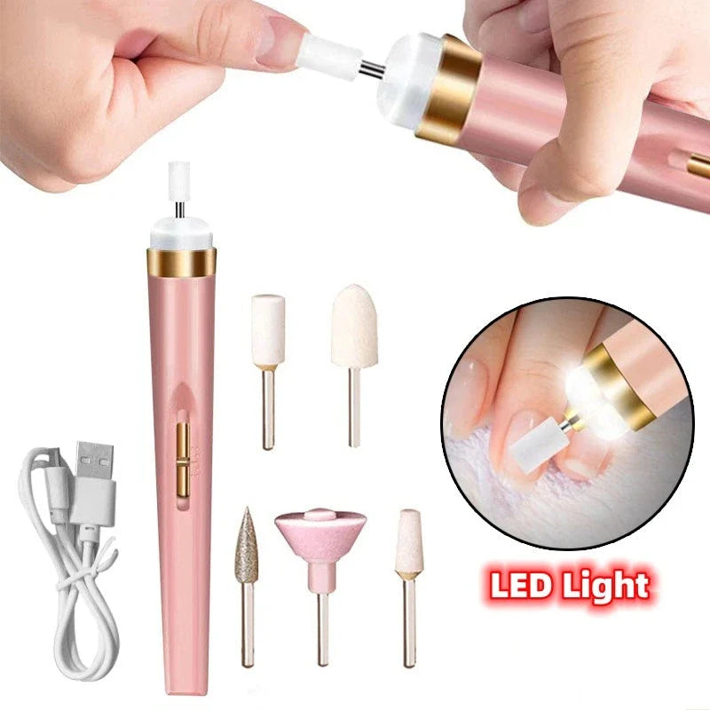 Cordless electric nail polisher set with USB charging, LED light, and multiple grinding heads for manicure and pedicure