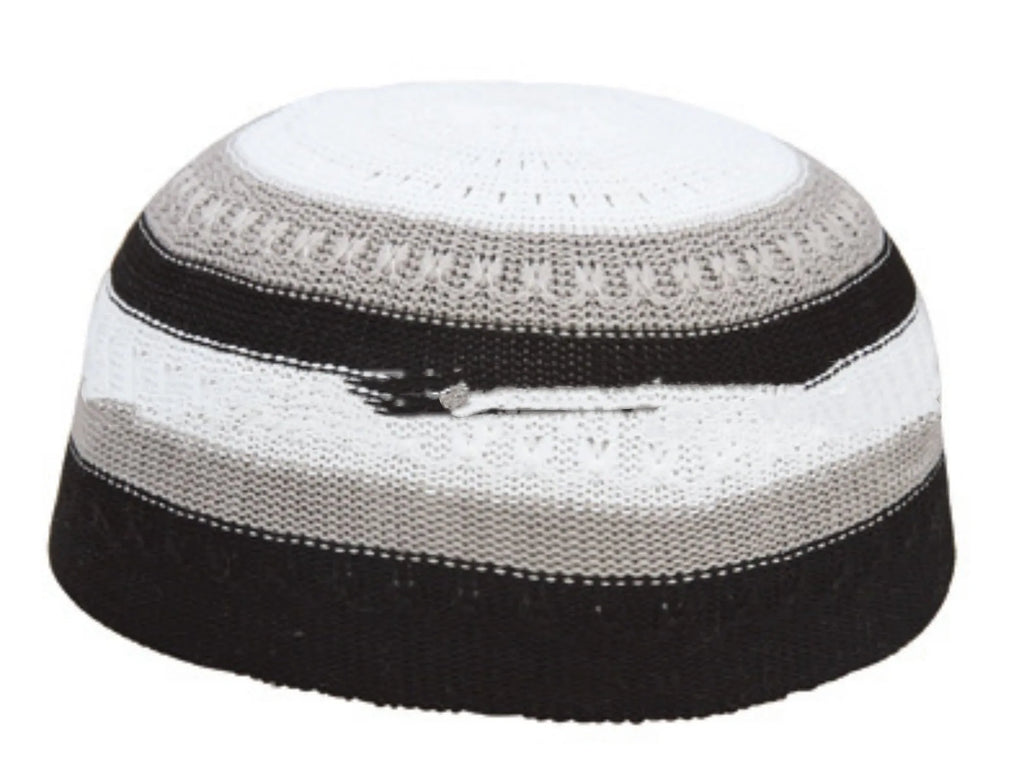 Knitted mesh cotton Muslim prayer cap with geometric embroidery for men in black, white, grey