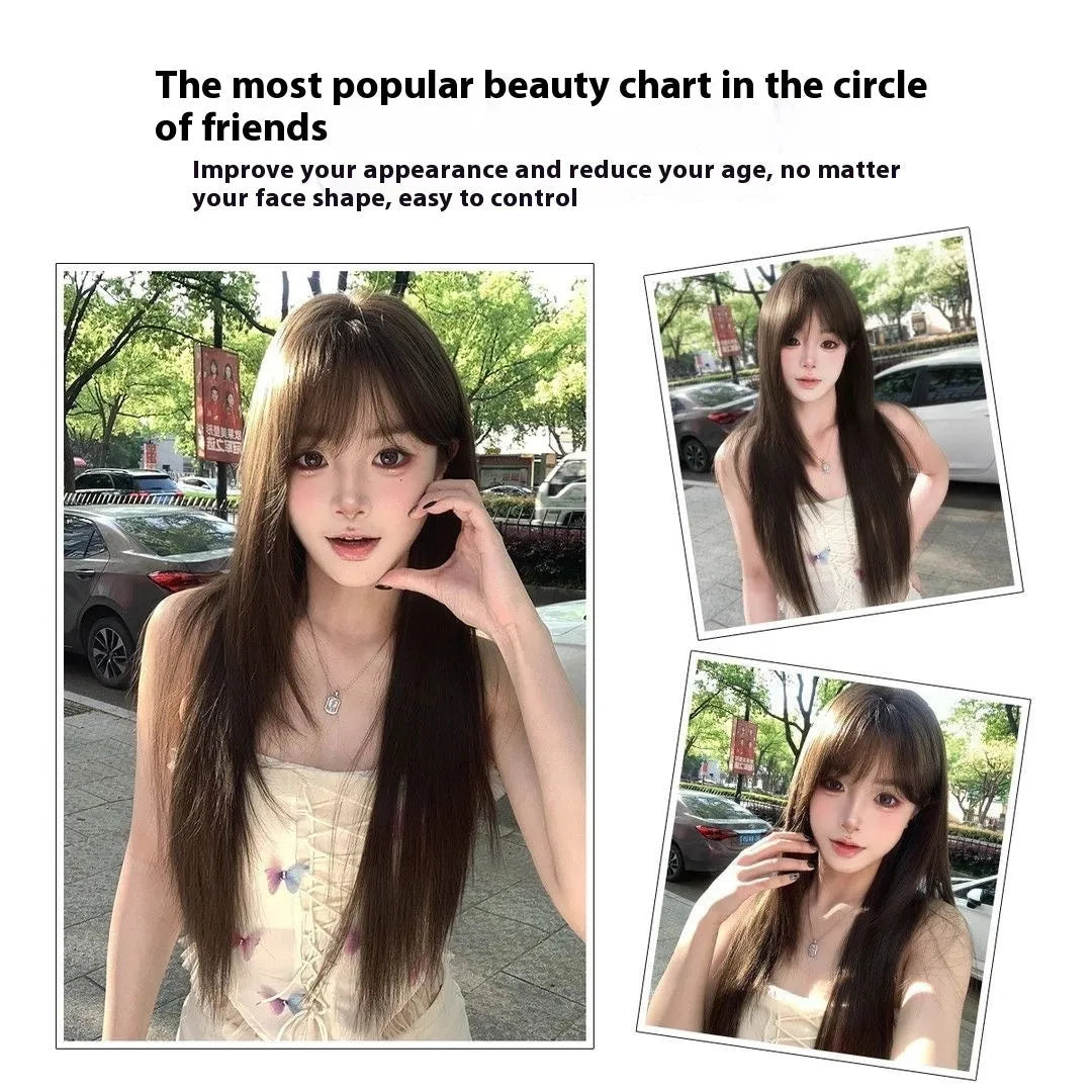 Brown black simulation wig with black tea colour treatment and wear-free hair net construction