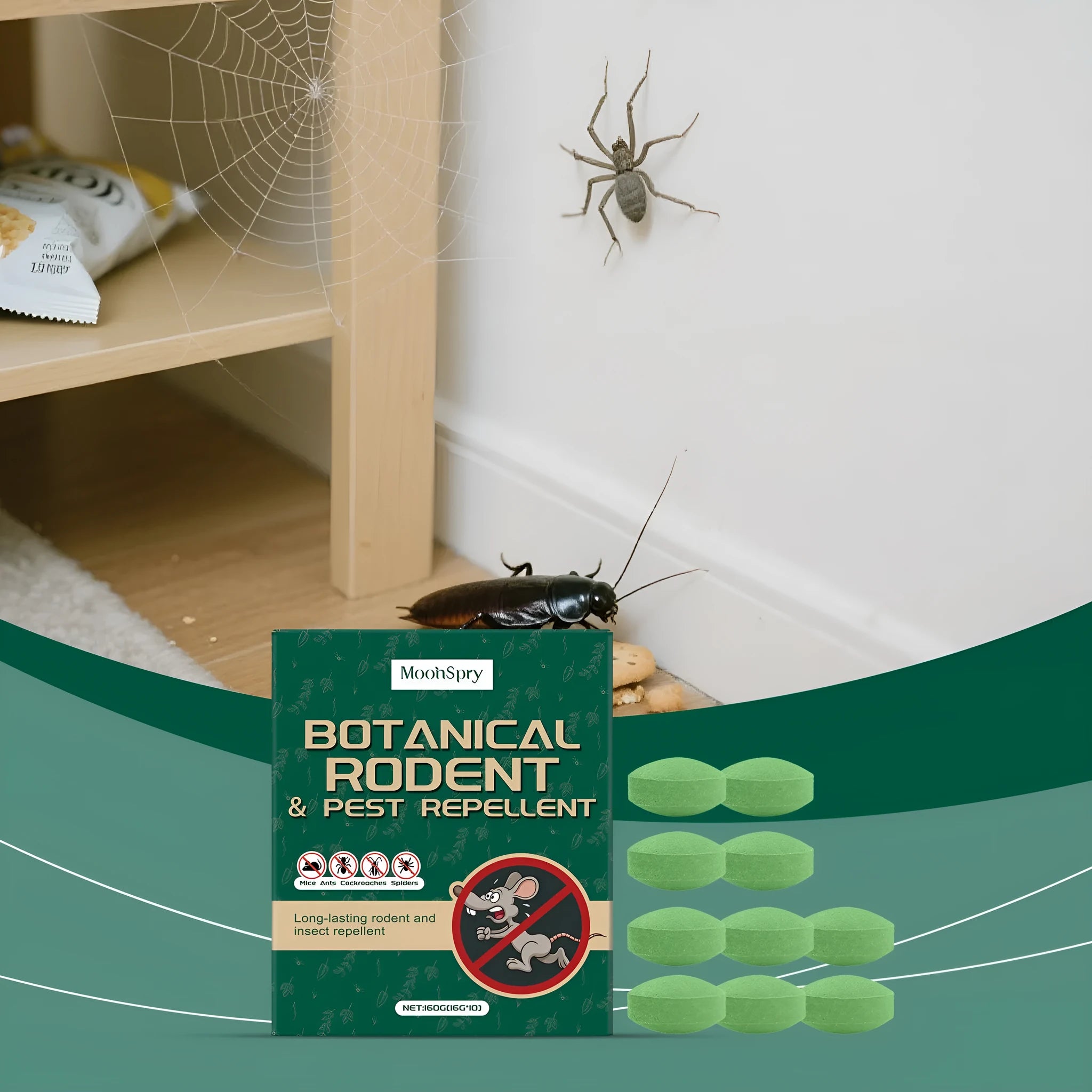 Warehouse anti-mouse repellent pill pack showing ten 16g units and three mesh storage bags for rodent control